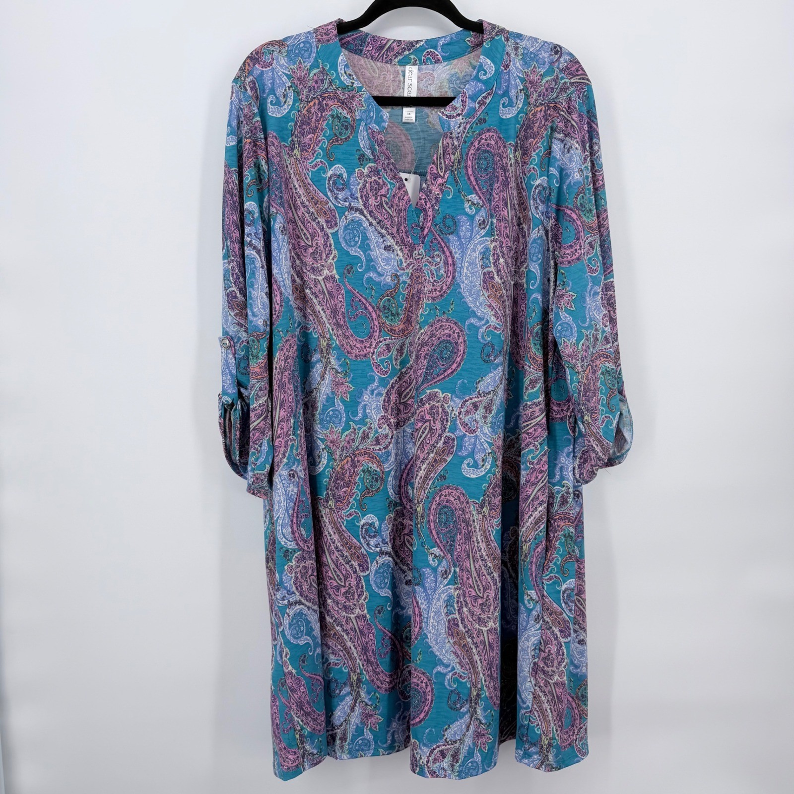 Dear Scarlett Polyester Paisley Shift Dress Womens 3X Teal NEW Roll-Tab Pockets
