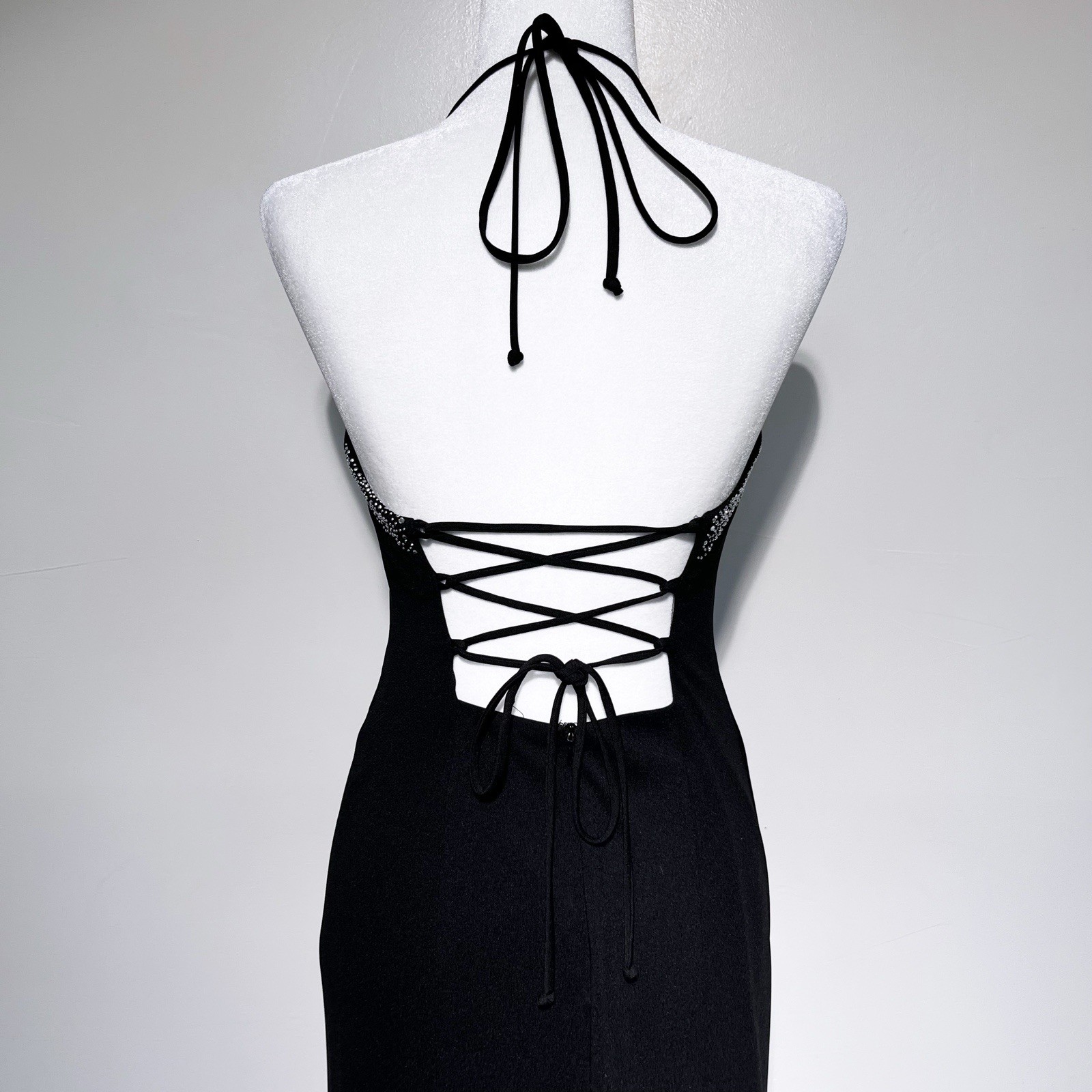 Vintage 90s Blondie Nites Black & Silver Bedazzle Halter Lace Up Back Maxi Dress