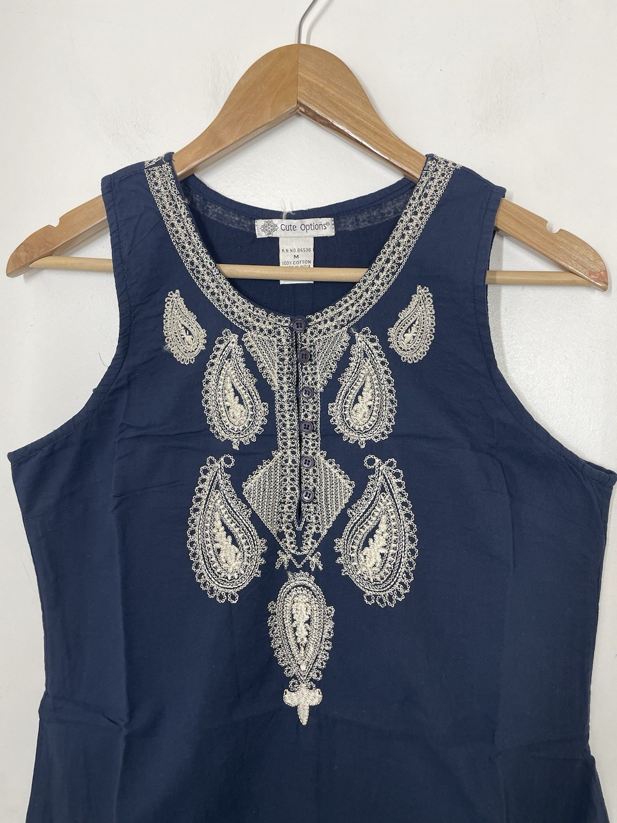 Cute Options Womens Medium Embroidered Paisley Blue Ivory Sleeveless Tank Dress
