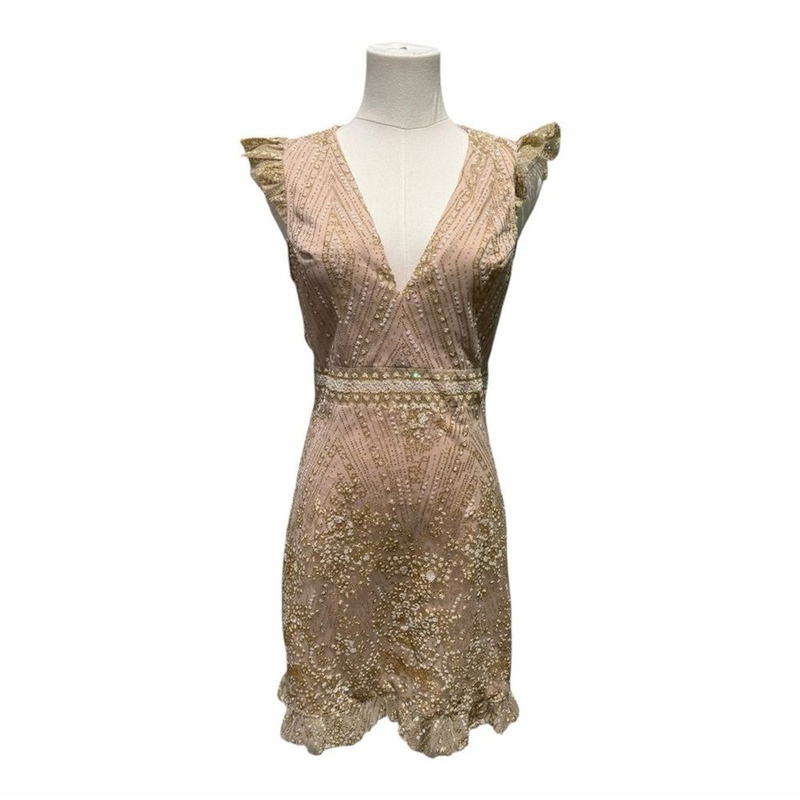 Hello Molly Match Me Champagne Sequin Mini Dress Open Back Ruffle Sz 6 Cocktail