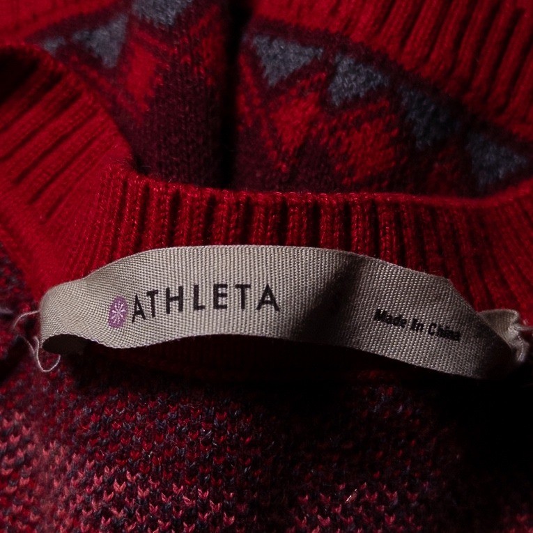 Athleta Womens Sweater Dress Small Red Grey Fair Isle Knit Split Neck 3/4 Sleeve