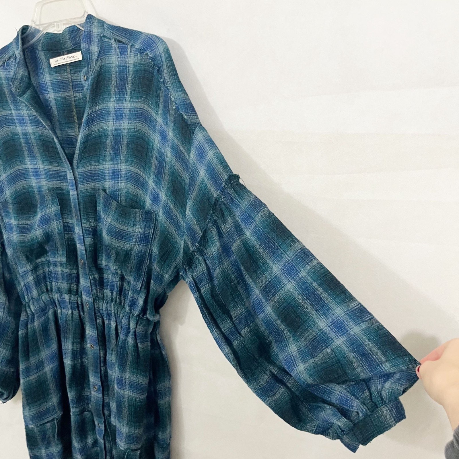 Free People By The Way Navy Plaid Long Sleeve Mini Shirt Dress Grunge – Size XS