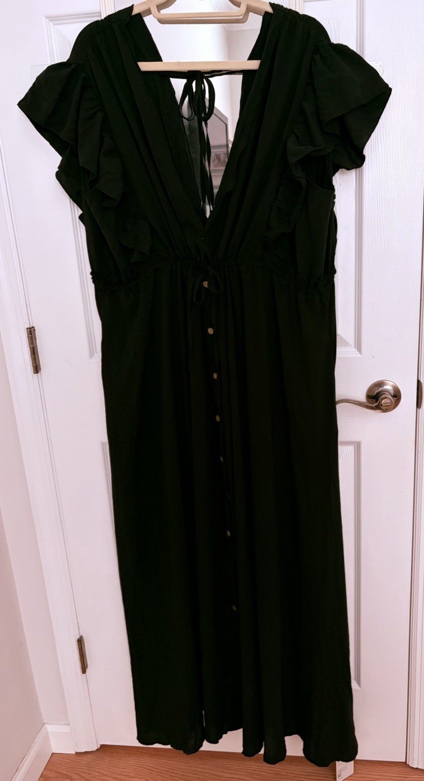 Halara Deep V Neck Butterfly Sleeve Drawstring Flowy Maxi Dress Black XL New!