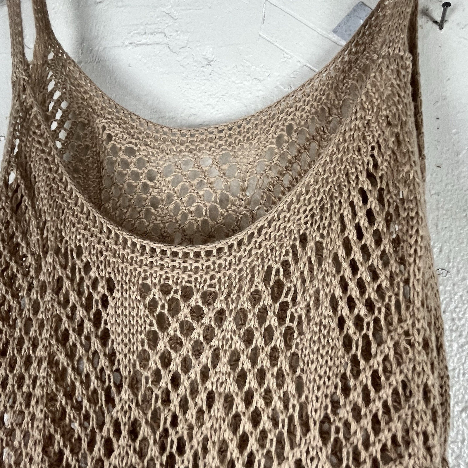 Women’s Crochet Knit Beach Cover Up Dress Tan Open Knit Sleeveless Size M