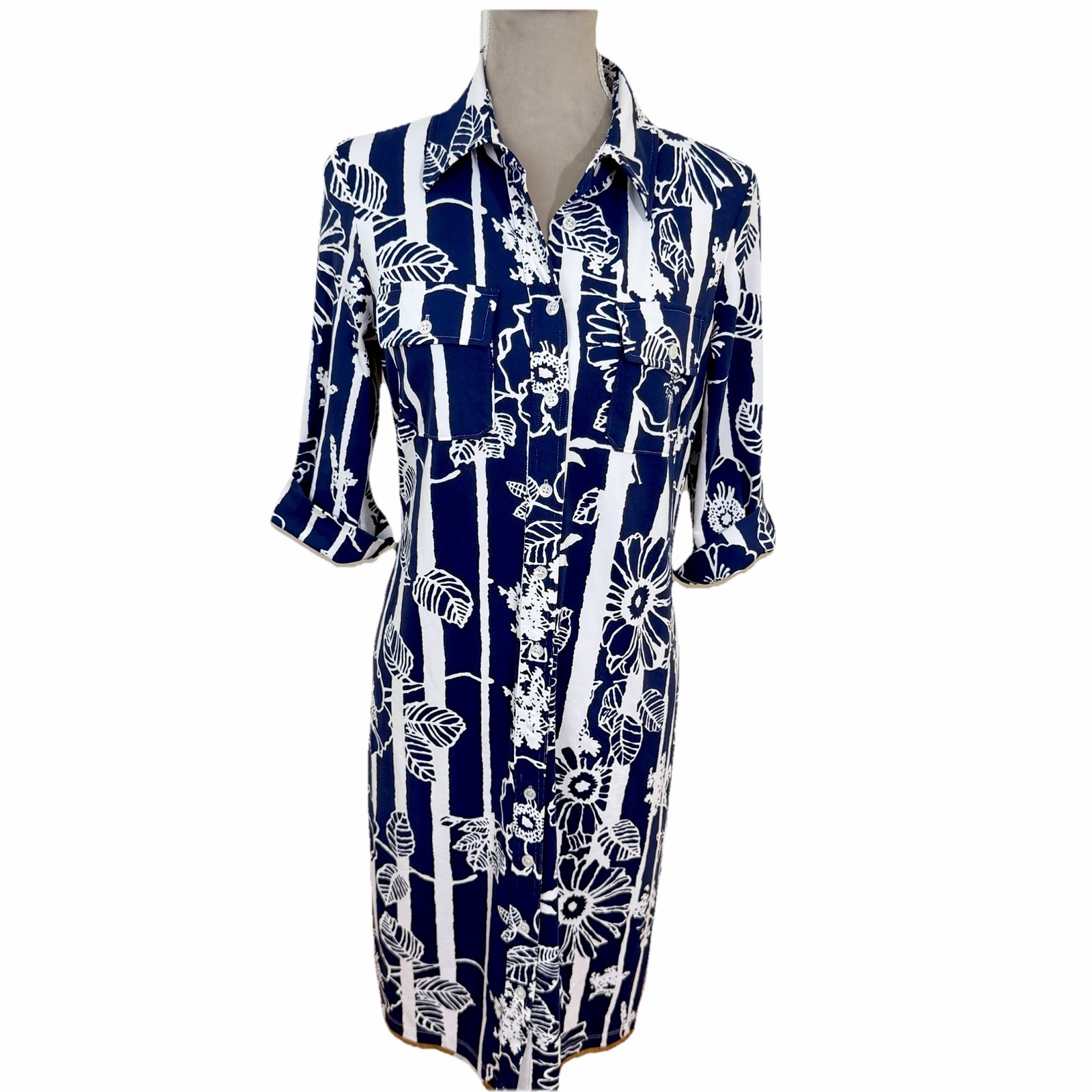J.McLaughlin Shirt Dress S Blue Multicolor Geometric Button Down Stretch Travel