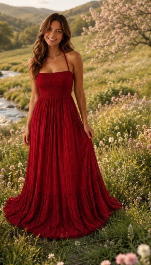 Red Halter Smocked Maxi Dress Sz L Open Back Tiered Romantic Festival Ruffles