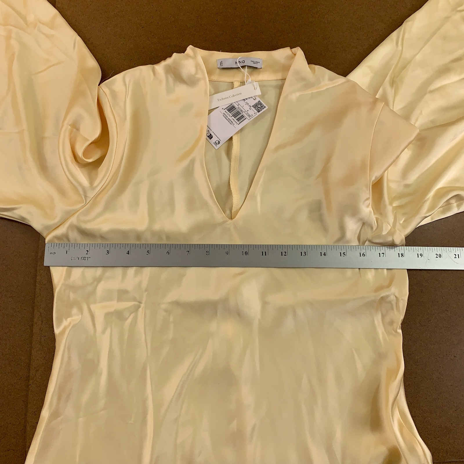 Mango Womens US 8 Pale Yellow Satin V-Neck Flared Sleeves Lined A-Line Dress NWT