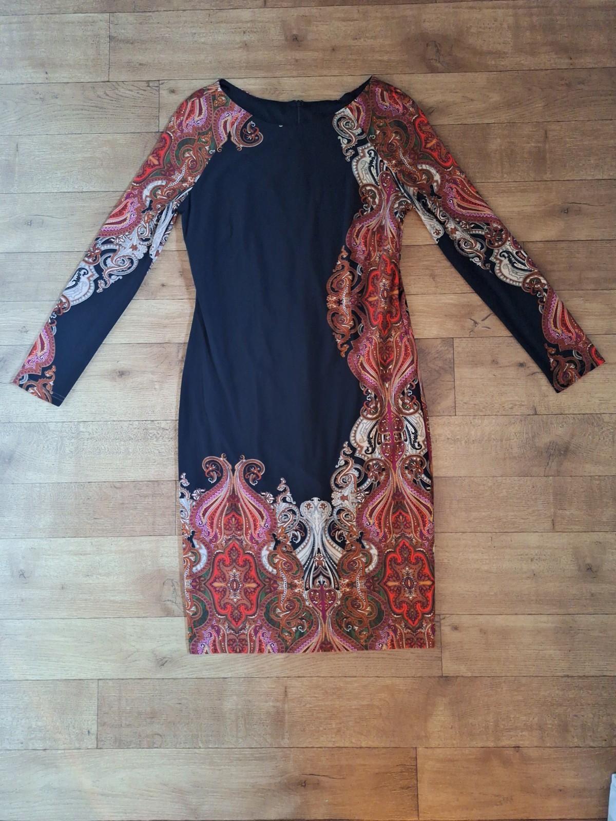 Joseph Ribkoff Paisley Print Black Orange Purple Sheath Dress UK 14 EU 42 USA 10