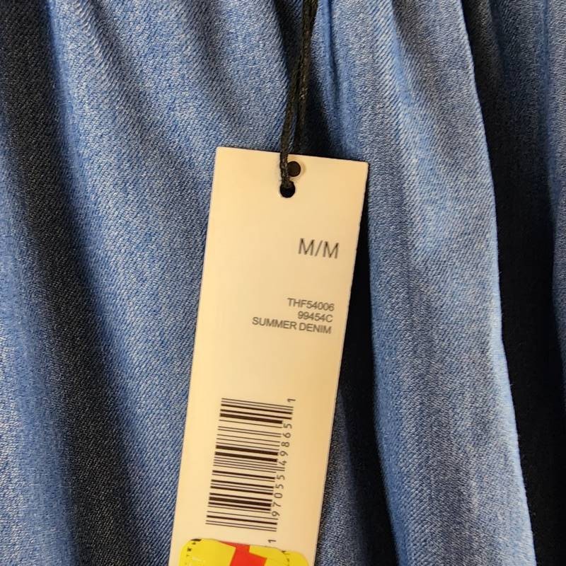 T Tahari Tiered Fit & Flare Halter Maxi Dress Womens M Denim Belted Button Strap