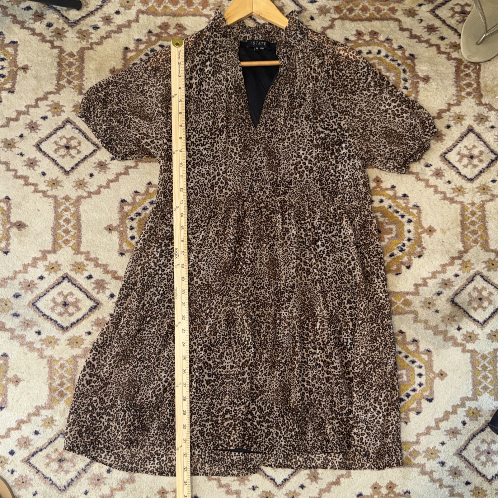 1.State Animal Print Chiffon Ruffle Neck Babydoll Above The Knee Women’s Medium