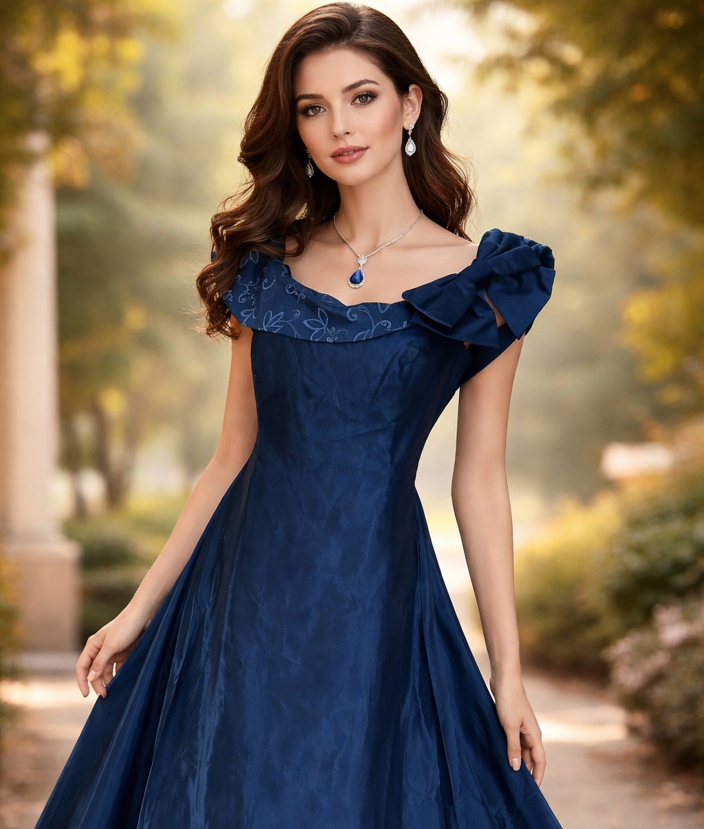 Chou Chou midnight blue embroidered/bow detail occasion long evening dress 14