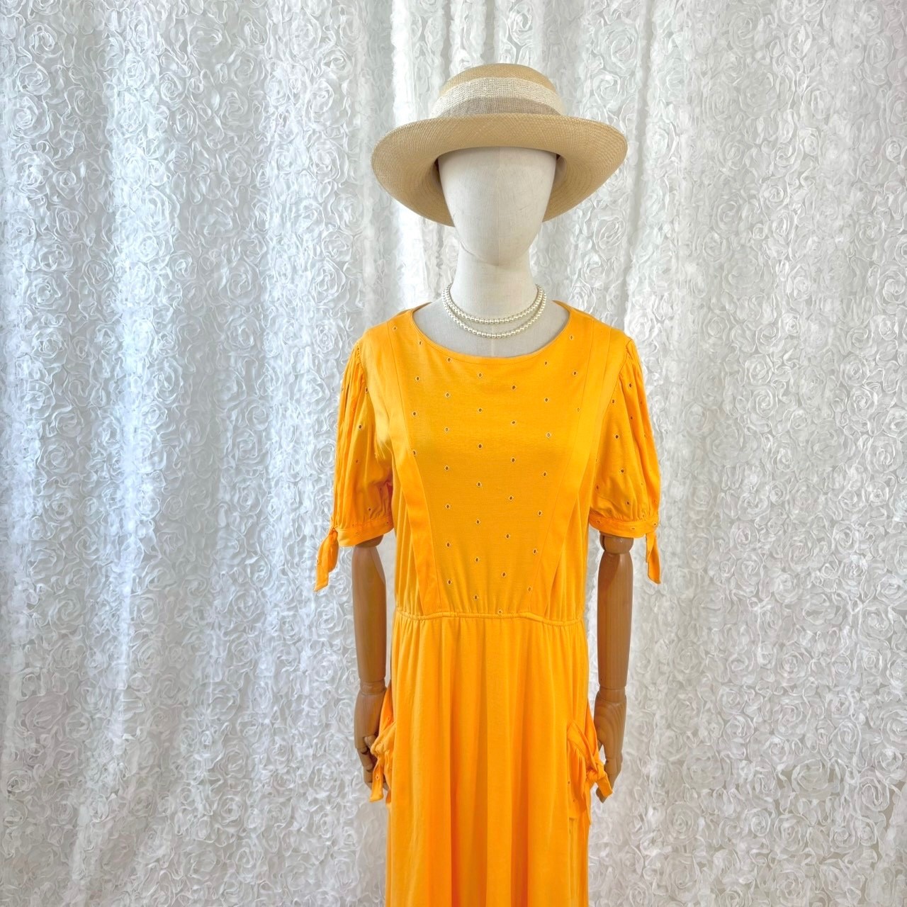 Eska Vienna Austria Yellow Cotton Long Dress Embroidered Puff Sleeve