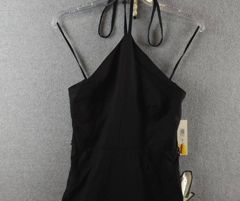 Eliza J Beaded-Strap Contrast-Trim Halter MIDI Dress Women’s 2 Black Linen Blend