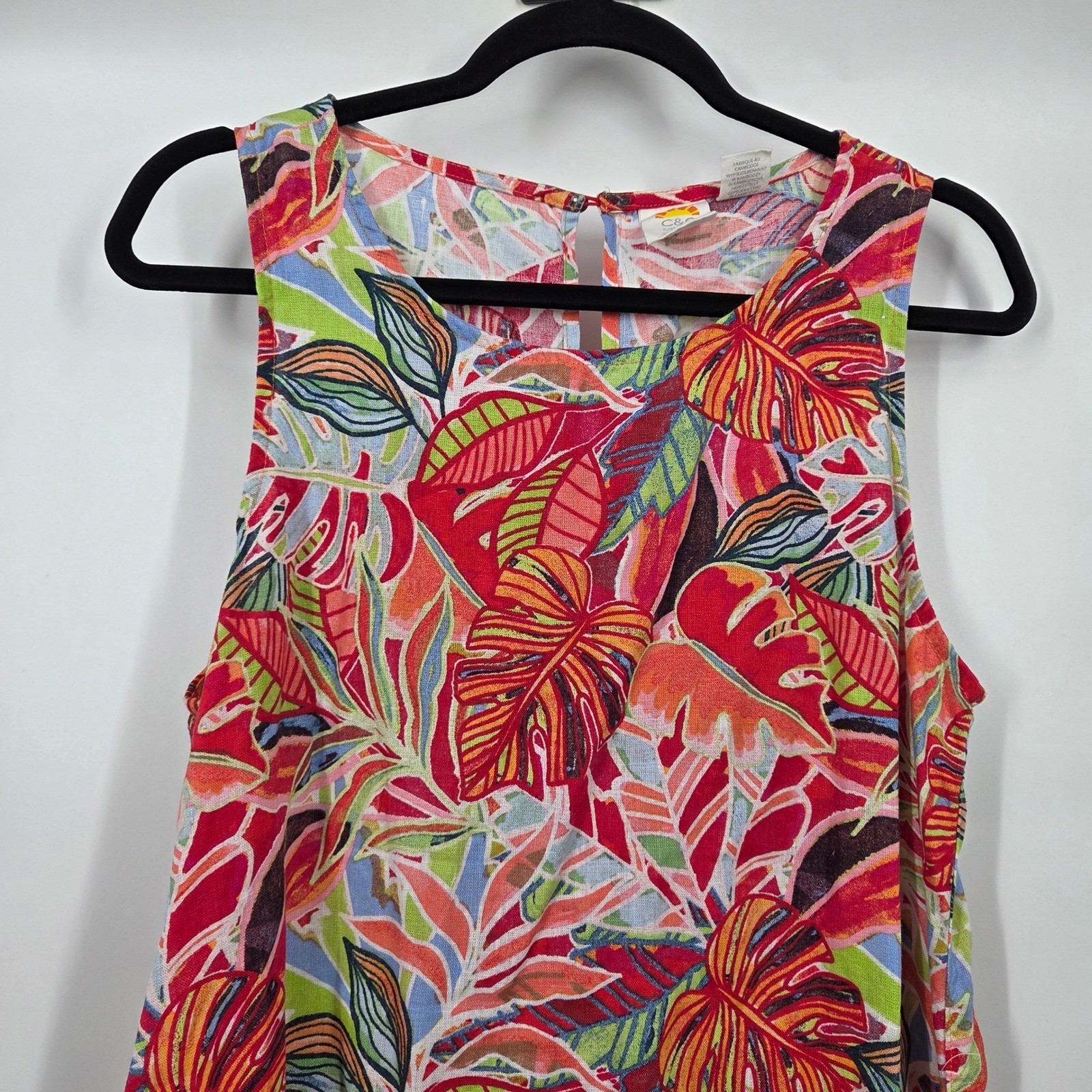 C&C California Sz L Linen Shift Dress Tropical Sleeveless Sun Summer Round Neck
