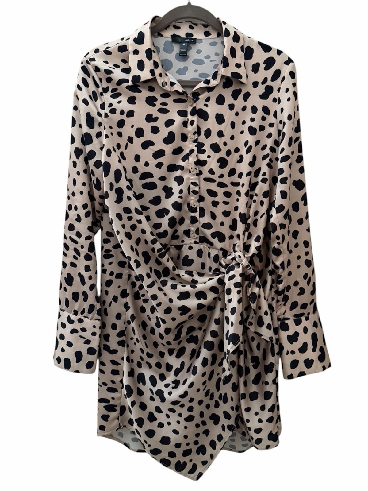 Aqua Leopard Print Satin Wrap Shirt Dress Sz M Black Tan Tie Waist Lightweight