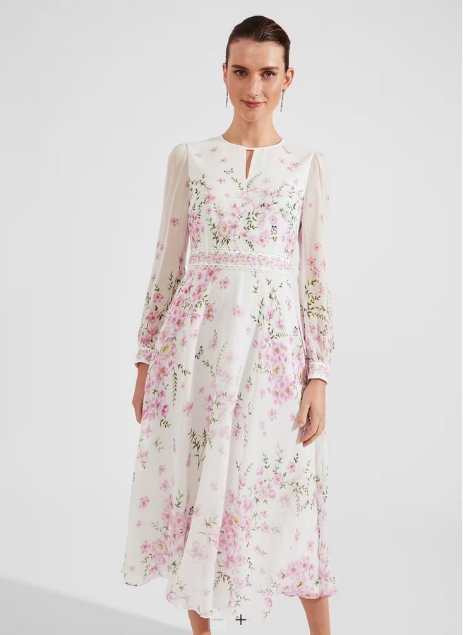 Hobbs Skye Floral Print Pure Silk Midi Dress Ivory Pink Size UK 10 Petite (8-10)