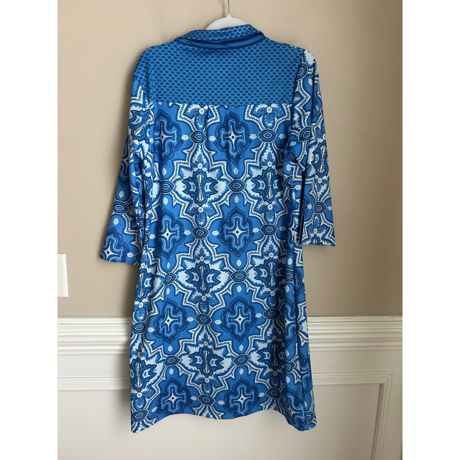 Gretchen Scott Blue White Geometric Tile Print Shift Dress 3/4 Sleeve Size Large