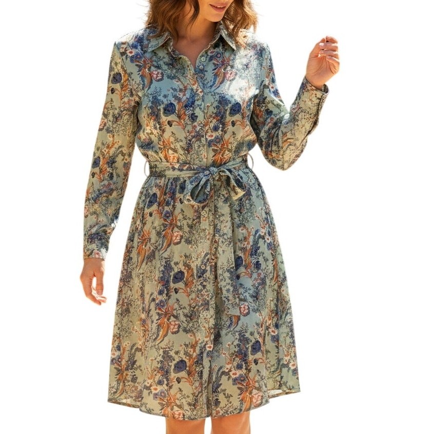 Ophelia Roe Mint Floral Belted Midi Shirt Dress Womens Size Small Shirtdress