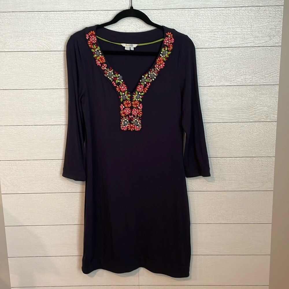 Boden Women’s Beaded navy shift dress size US 6 party boho holiday colorful