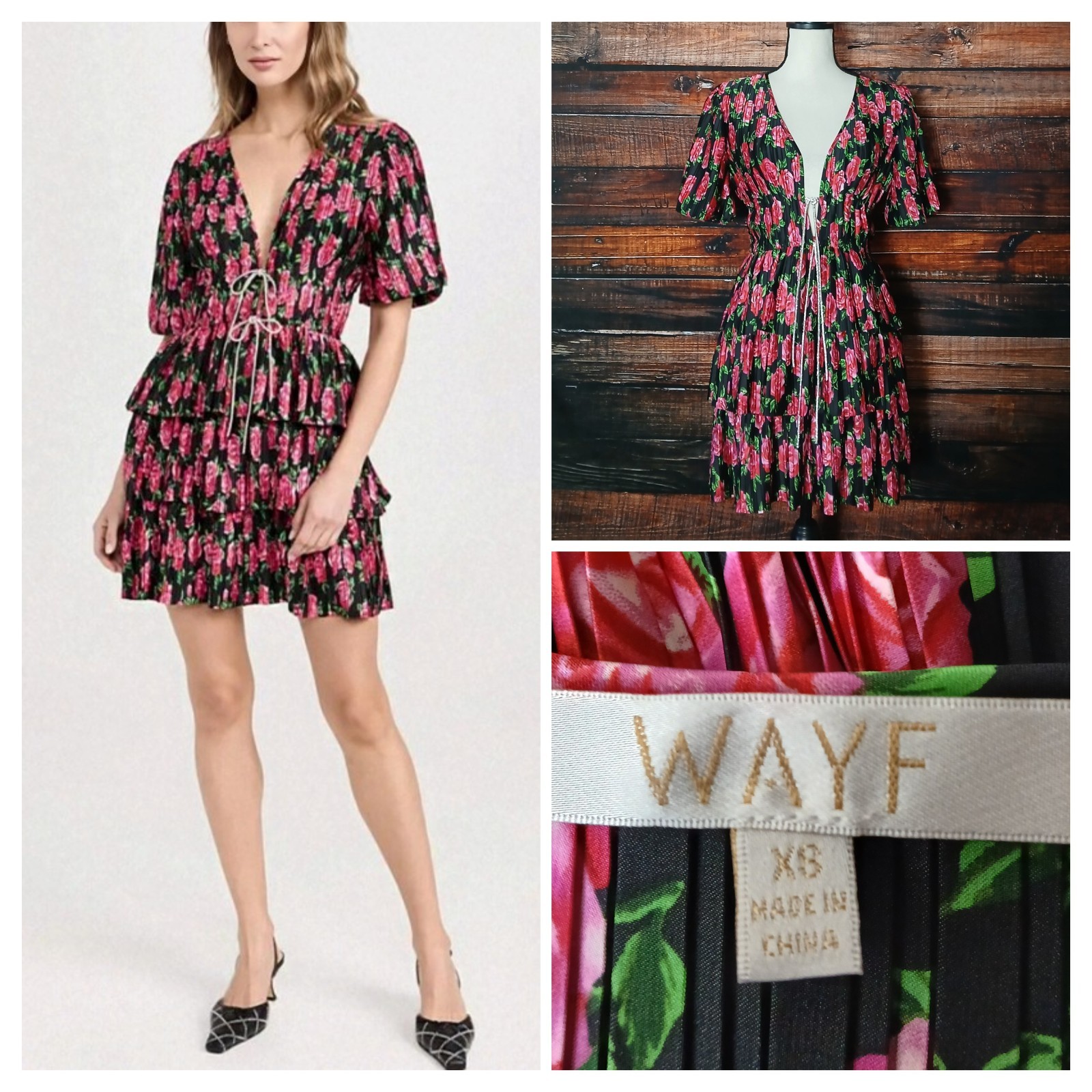 Wayf Mini Dress XS Tie Front Plise Satin Tiered Rose Print Bubble Sleeve