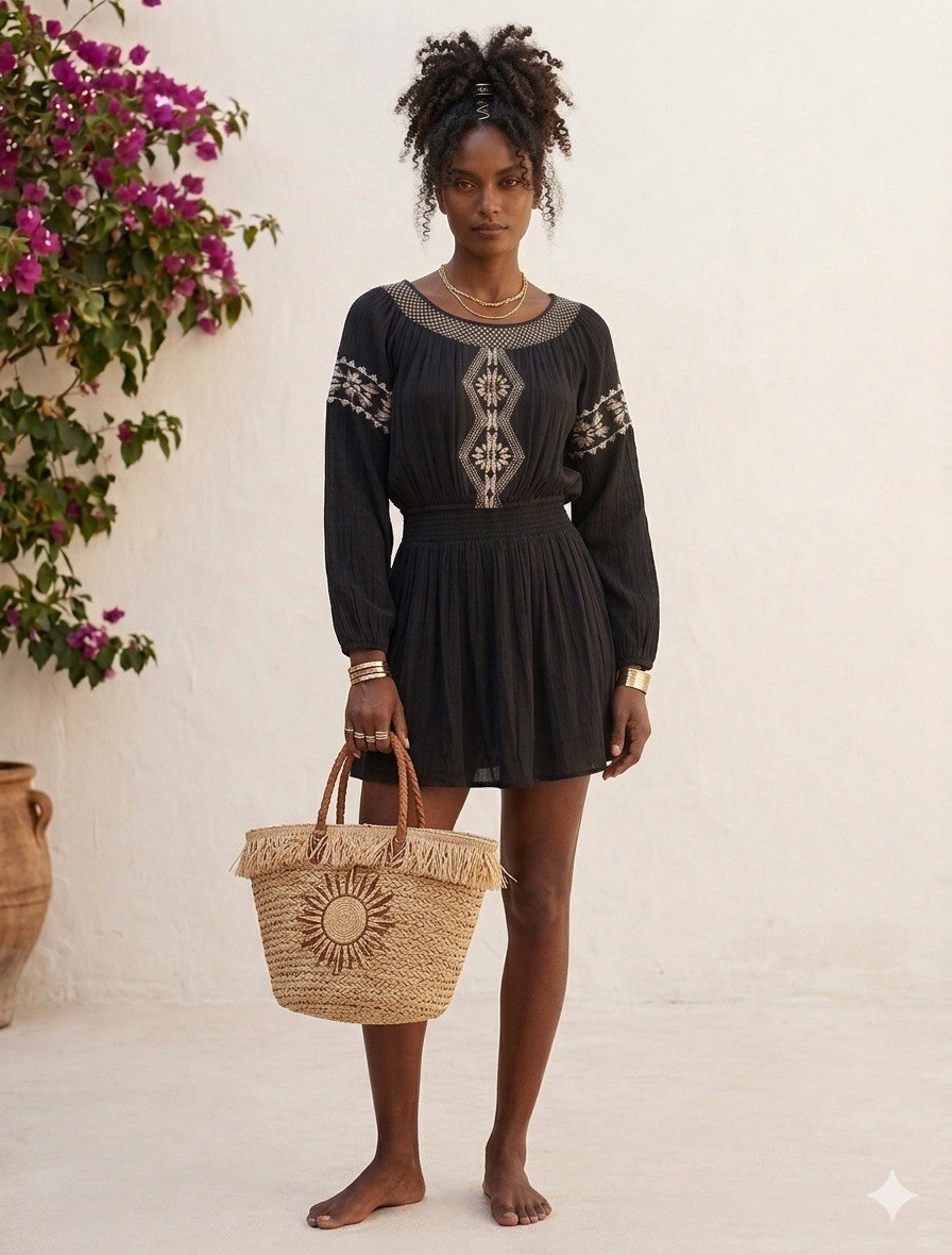 Rip Curl Women’s Black Embroidered Long Sleeve Dress Size XS Elastic Waist