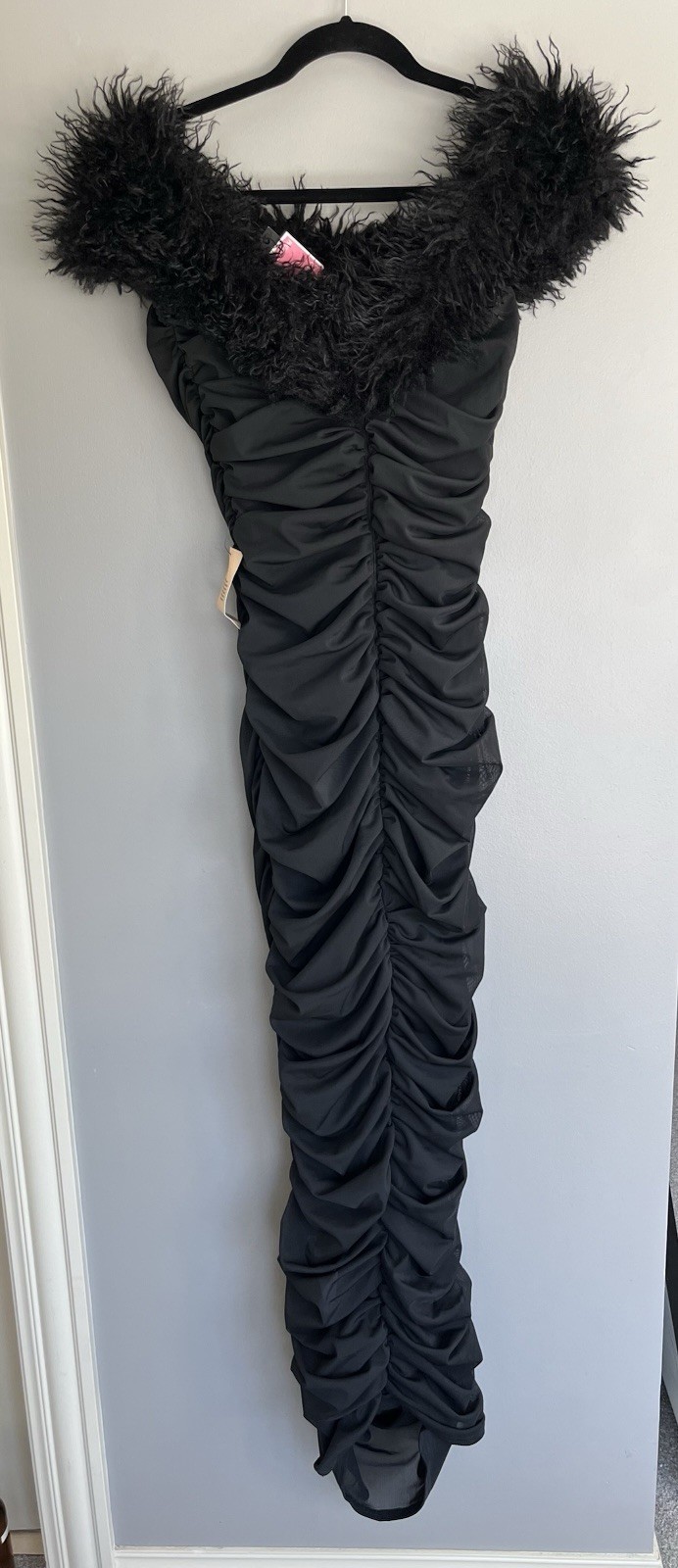 PLT Label Bardot Ruched Midaxi Dress • Faux Shearling Mesh • Size 8 • NWT