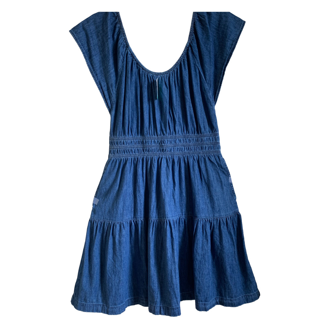 NWT GAP Denim Short Flutter Sleeve Tiered Round Neck Mini Dress w. Pockets Sz L