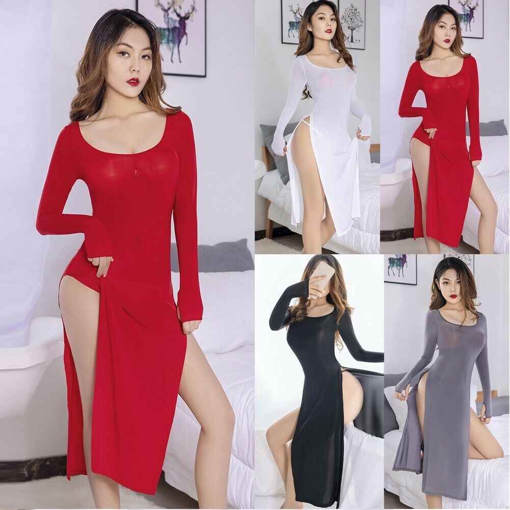 Womens Sexy High Side Split Elastic Dress Bodycon Sheer See-through Clubwear