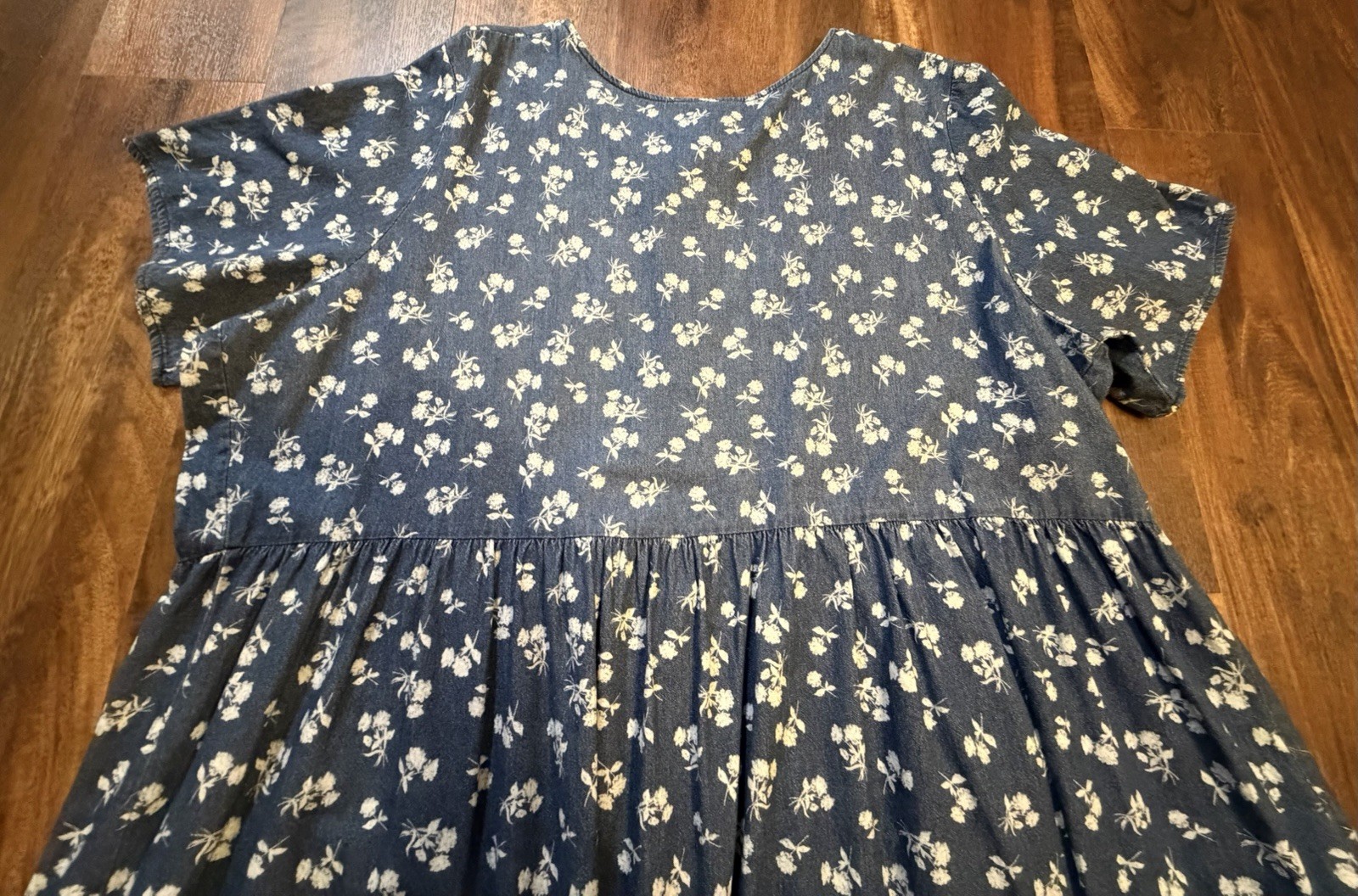 Woman Within Short Sleeve Blue Denim Maxi Dress Women’s 28W w/Floral Pattern