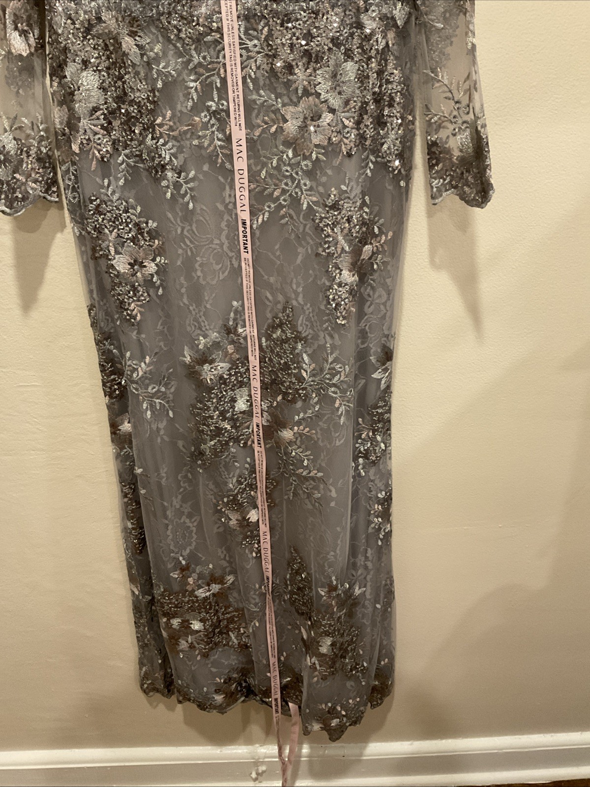 Mac Duggal 67539 Sz 12 Platinum Gray Floral Embroidered Embellished Gown $698