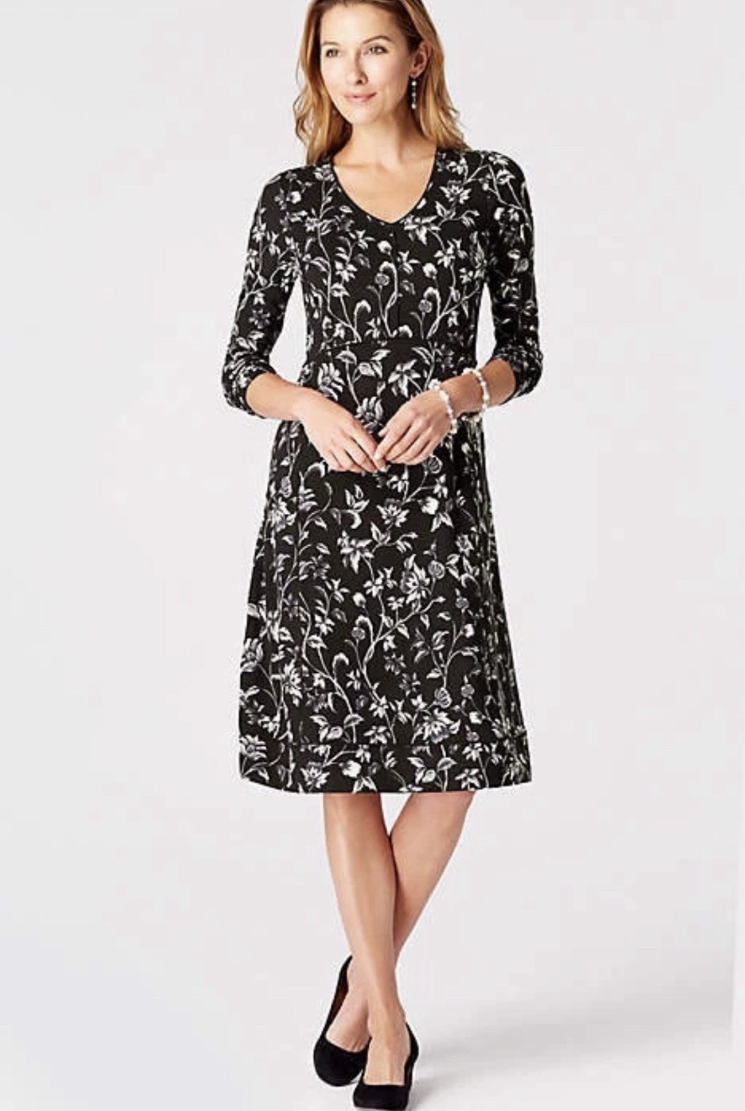 J. Jill Midi Dress Womens Size L Tall Black Floral Stretch Pockets 3/4 Sleeve