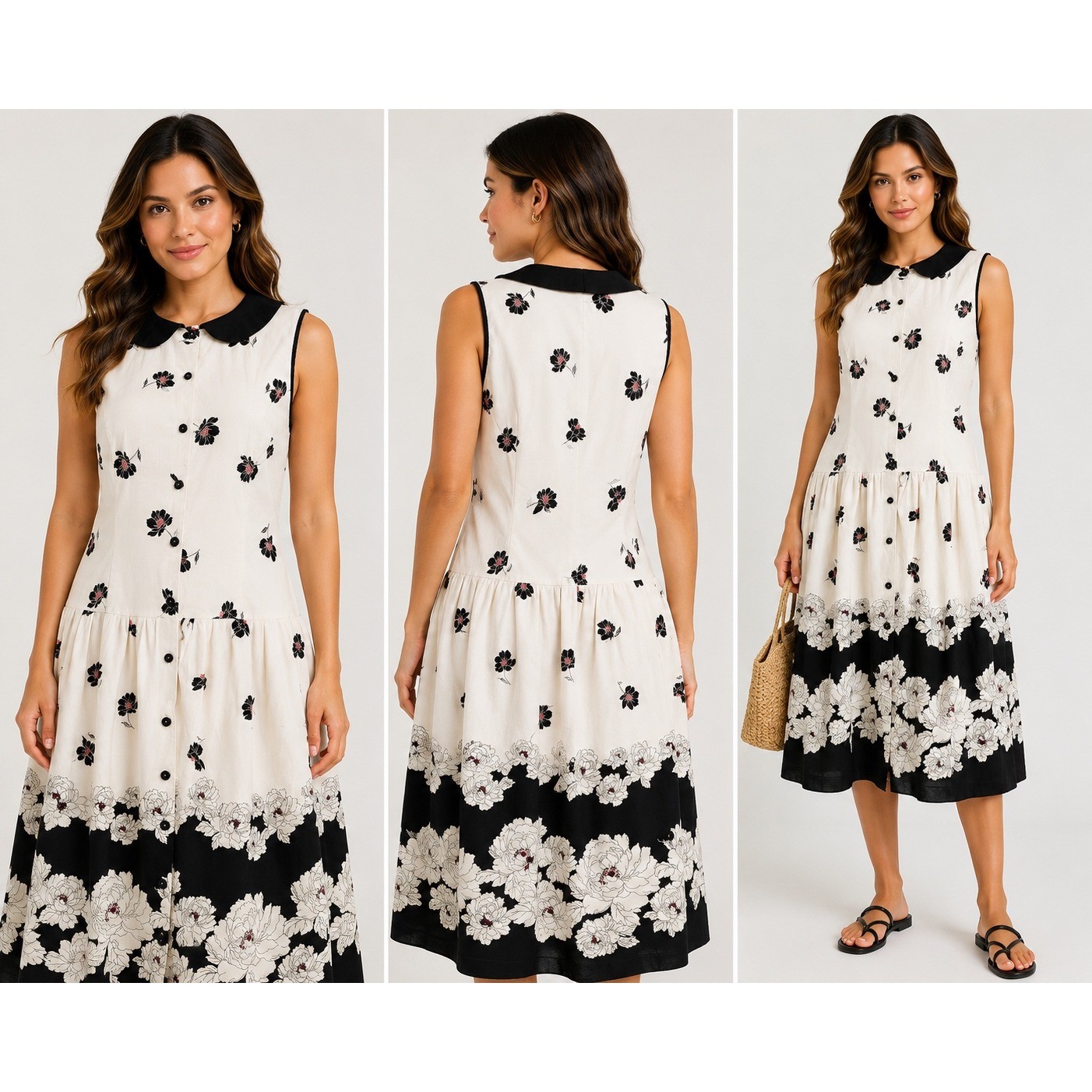 Womens Floral Peter Pan Collar Button Front Midi Dress Cream Black Retro FLAW