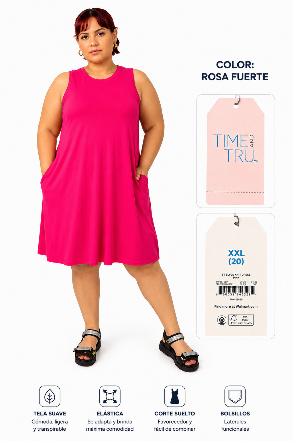 Time and Tru Pink Sleeveless Knit Dress Women’s XXL 20 New with Tags
