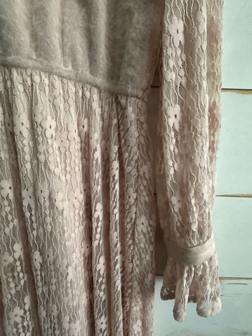 Camilla Dora Victorian Style Pink Lace Midi Dress with Ruffle High Neck