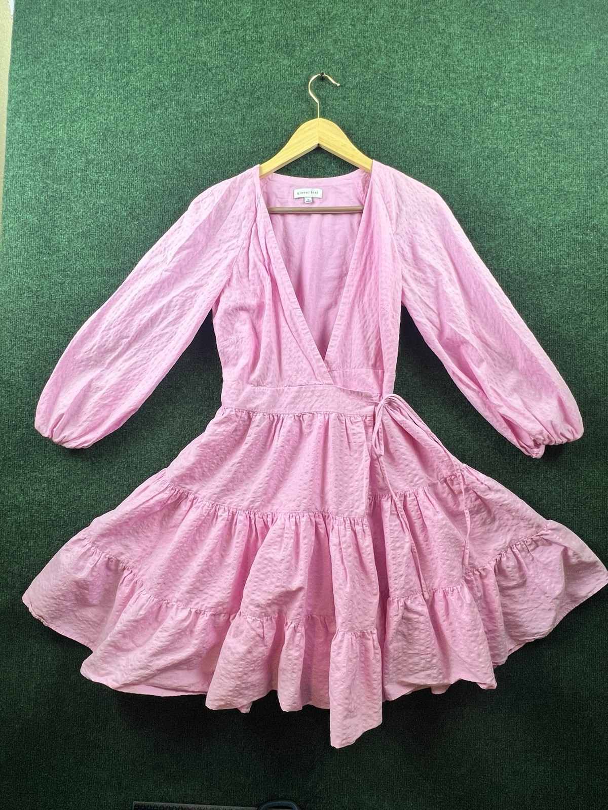 Gianni Bini Pink Solid Wrap Dress S V-Neck Tiered Ruffle 3/4 Balloon (SKU#20021)