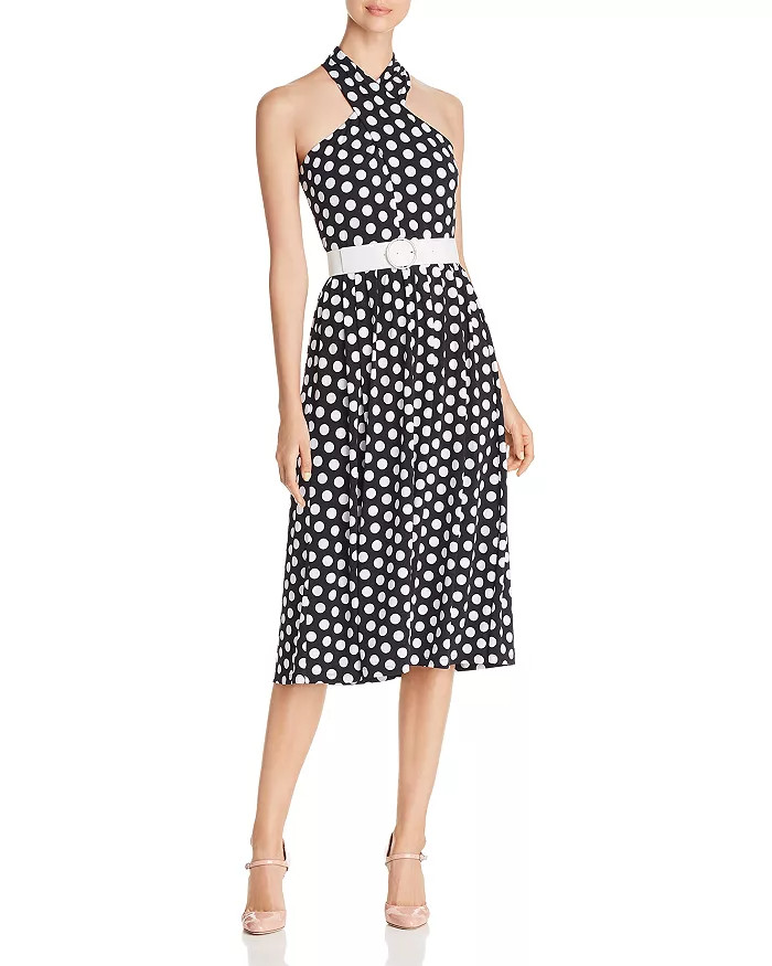 MICHAEL Michael Kors Polka Dot Crossover V-neck Fit & Flare Midi Dress w Belt, S