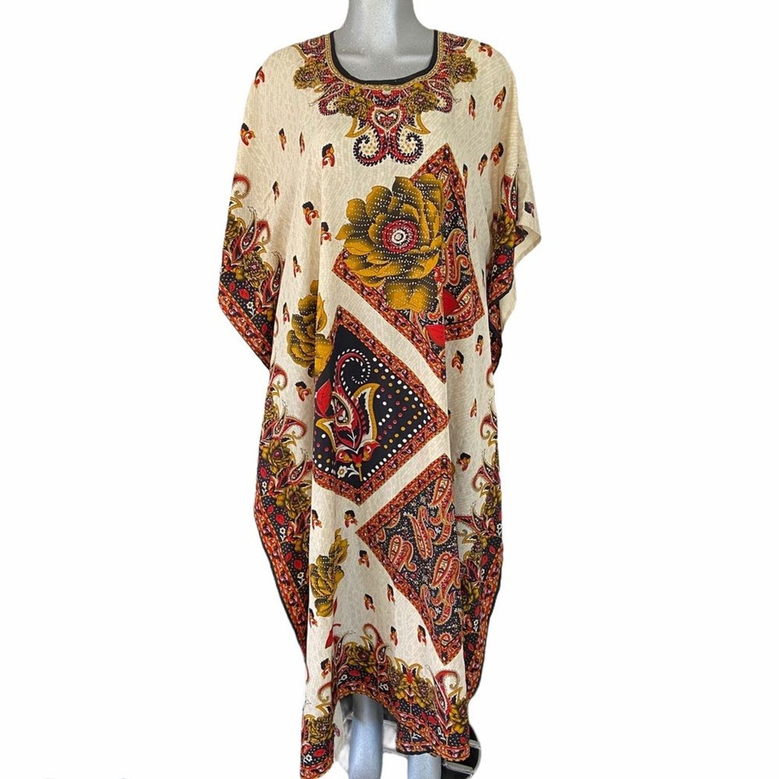 Kaftan Floral Embellished Kimono Maxi Dress Crepe Boho Hawaiian Lagenlook One Sz