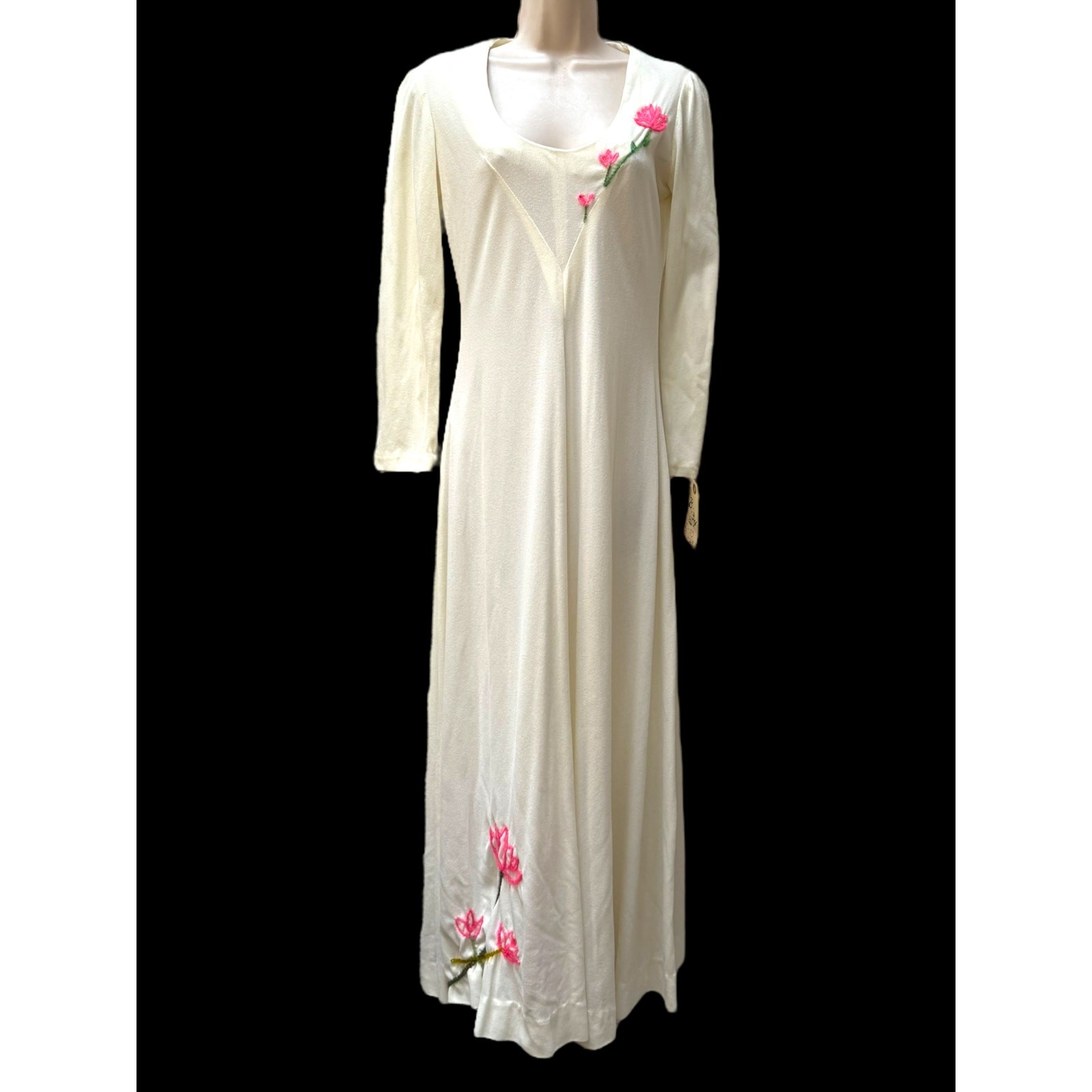 1970s Hippie Cream Knit House Dress Pink Floral Embroidery Hollywood Wardrobe