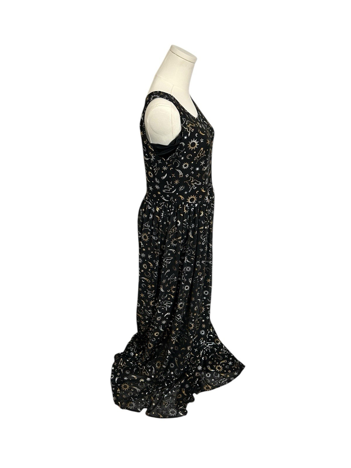 Cosmic Aura Astrology Celestial Stars Moon Foil Mesh Maxi Dress Sz M Black Gold