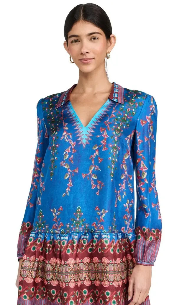 Saloni Jas Geometric Mini Dress Tunic Top Silk Floral Long Sleeve 6 New READ