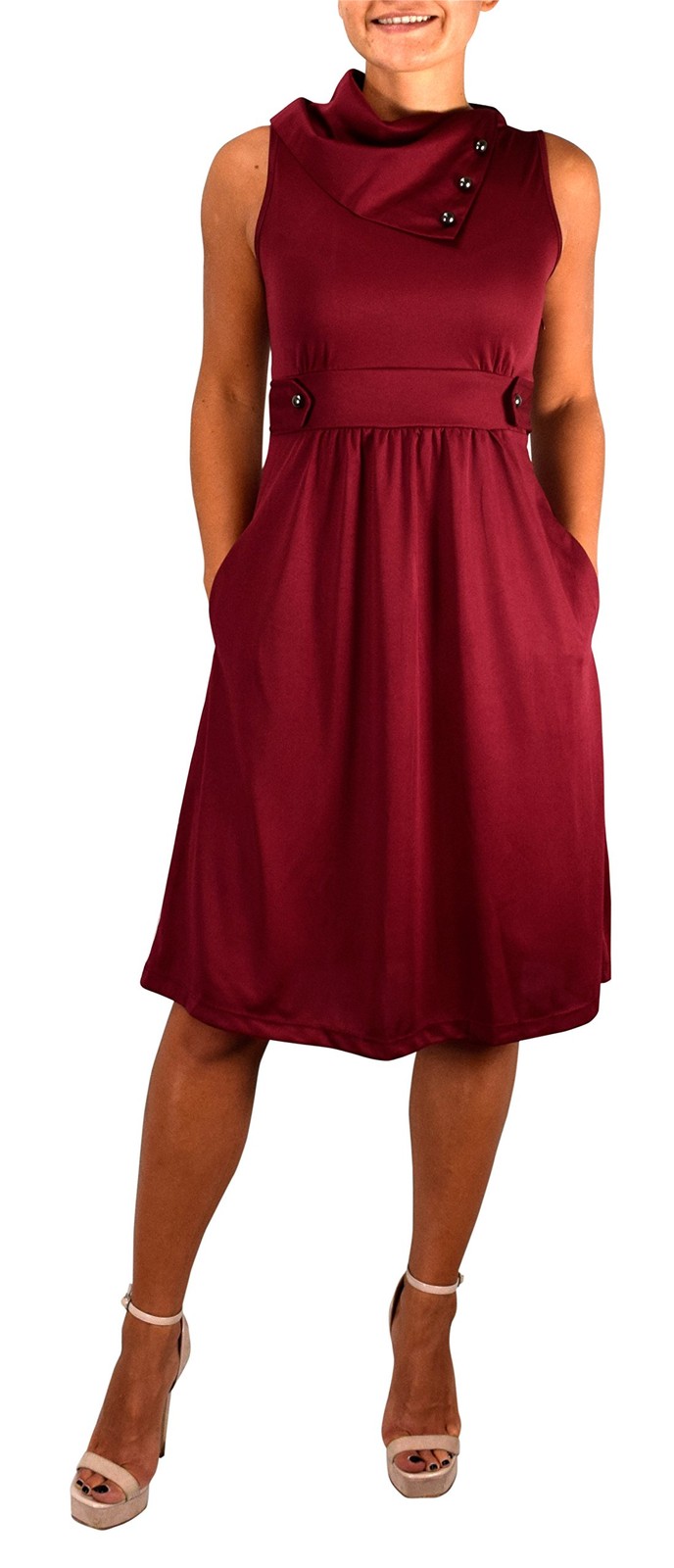 Womens Fold Over Collar A-Line Dress Casual Sleeveless Burgundy Large