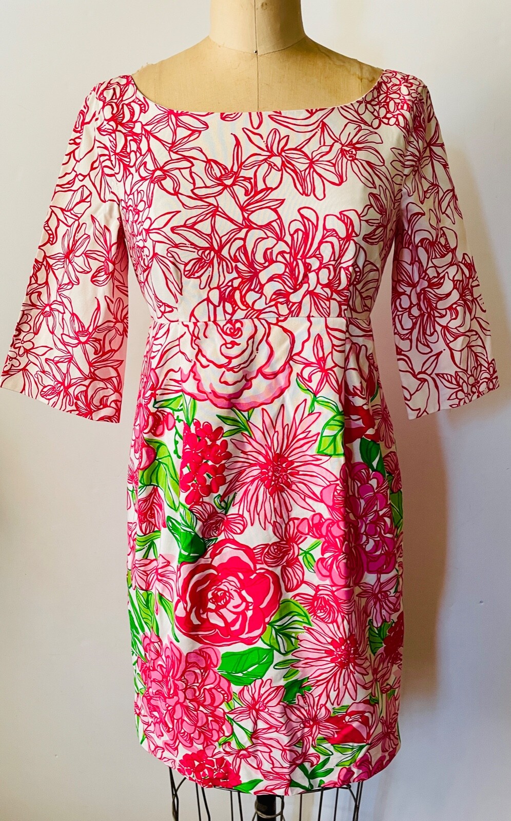 LILLY PULITZER*PRETTY!!PINK&GREEN FLORAL BOAT NECK SHEATH DRESS*0