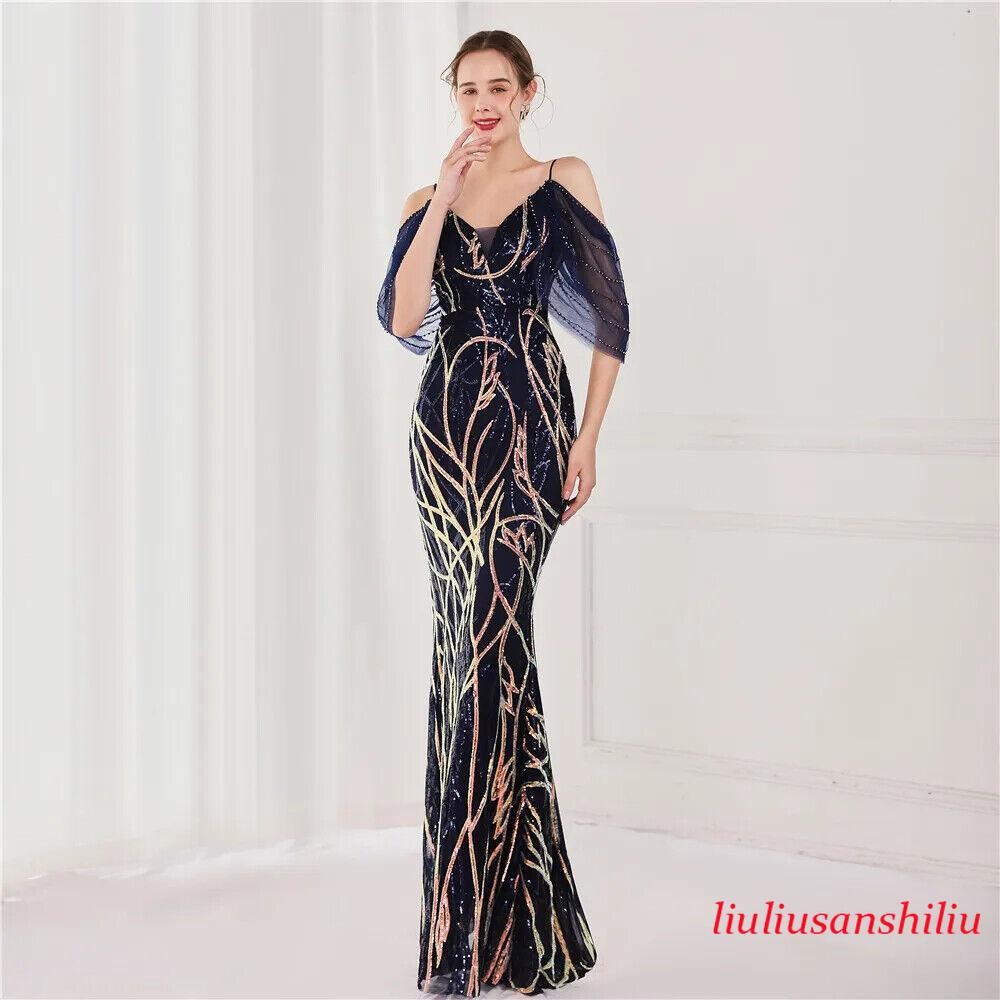 Women’s Wedding Elegant Beading Evening Green Sequin Strap Maxi Long Prom Dress