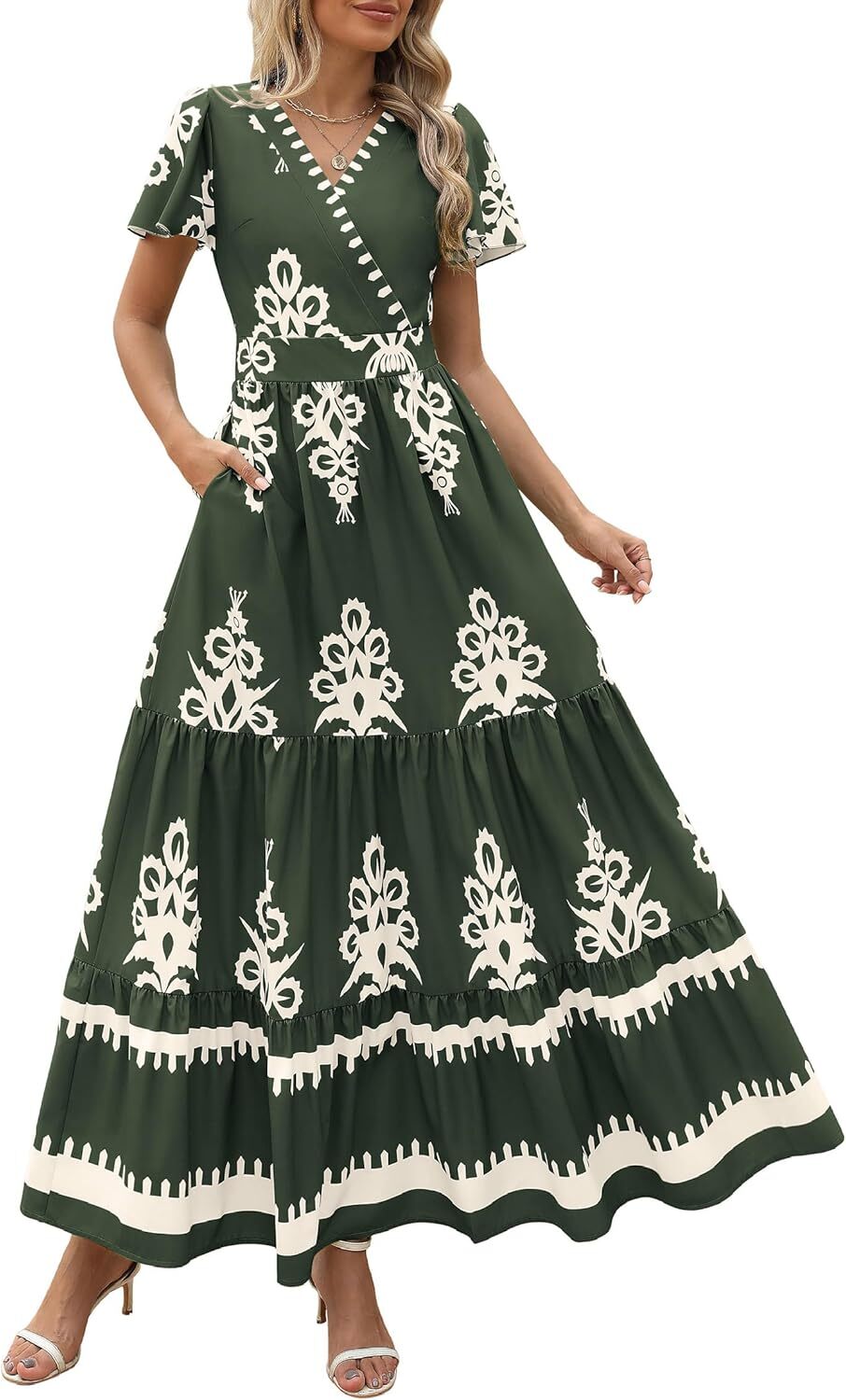 Women’s Summer Casual V-Neck Boho A-Line Maxi Dress – Flowy Bell Sleeve Style