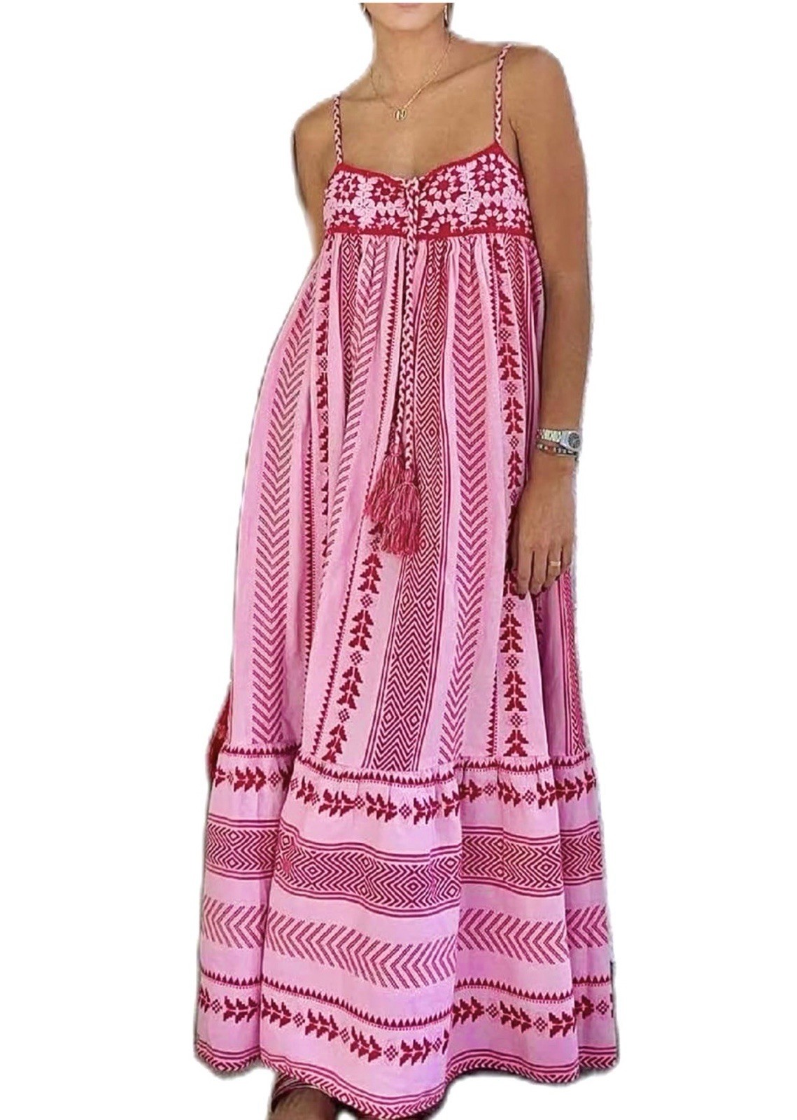 Women Sz L Boho Maxi Dress Crochet Patchwork Sleeveless Long Flowy Swing Dress