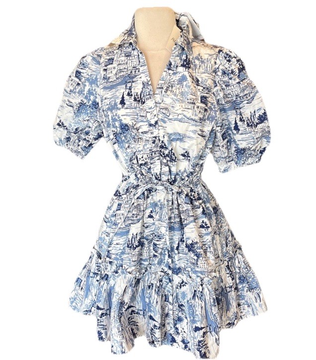 Sugarlips White Blue Etchings Collared Puff Sleeve Mini Ruffle Hem Puff Sleeve