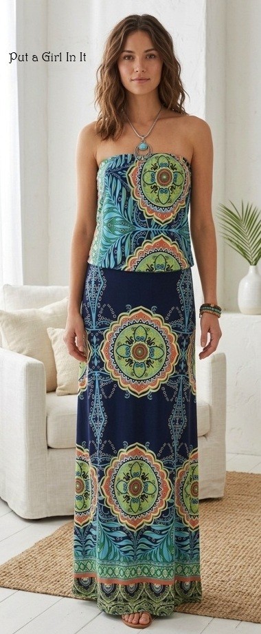 USA New Boho J Up Women’s Strapless Blue Hippie Medallion Maxi Dress S M JUP