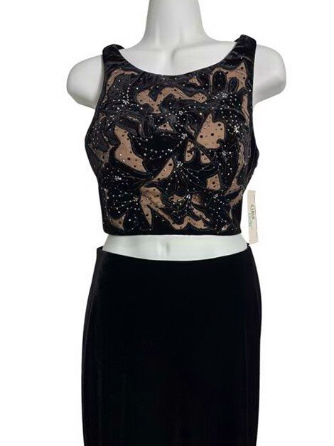 ALYCE Paris Black Nude 2 Piece Velvet Rhinestone Embroidered Dress Size 2 $369