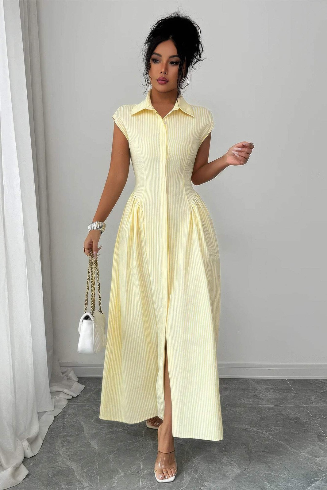 Women’s Yellow Collared Cap Sleeve Ruched Waist Striped Maxi Shirt Dress