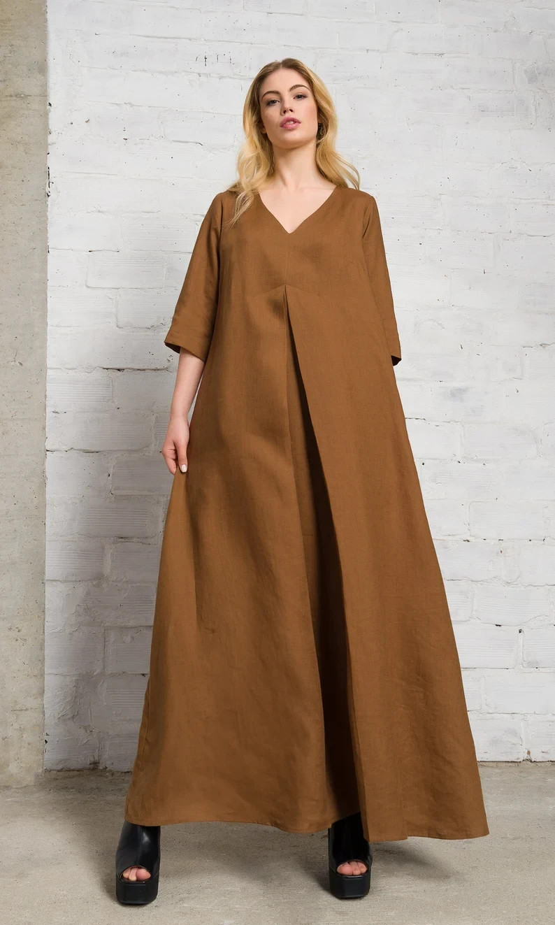 Plus Size Linen Plated Dress, Mid-sleeved Maxi Dress with Inverted